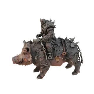 3D-Modell eines Dämonenreiters in dunkler Rüstung, sitzend auf einem massiven gepanzerten Eber mit Ketten und Stacheln.