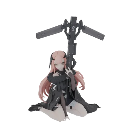 3D-Modell eines Anime-Mädchens mit pinken Haaren, das kniet und eine große, Sensen-ähnliche Waffe hält, in einem dunklen Outf