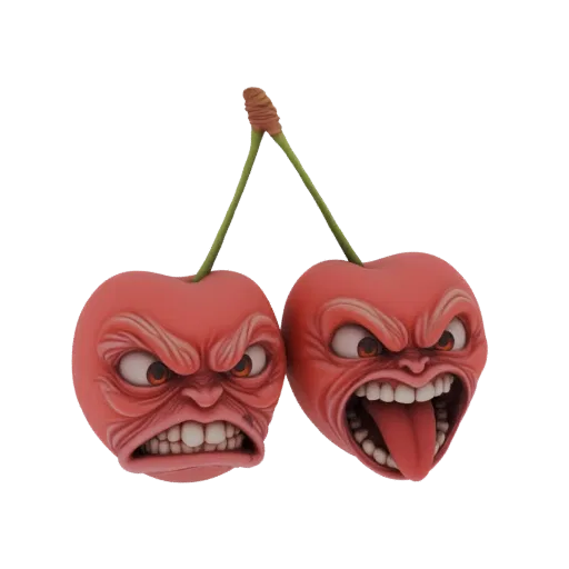A 3D model of two angry-looking cherries with exaggerated facial expressions, one baring teeth and the other sticking out its