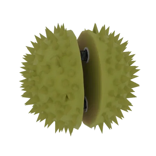 A realistic 3D model of a spiky green chestnut burr, split into two halves with a visible screw thread mechanism for closure.