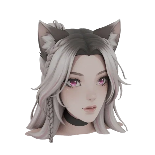 3D model render of an anime wolf girl bust with pink eyes and braided hair, featuring wolf ears and a black choker.