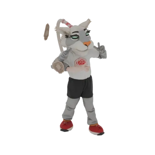 3D model of a grey and white anthropomorphic cat mascot wearing a t-shirt, shorts, and red sneakers, striking a playful pose.