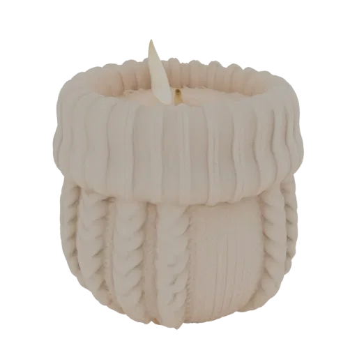 3D model of a cream-colored candle holder with a detailed cable knit texture, resembling a cozy sweater.