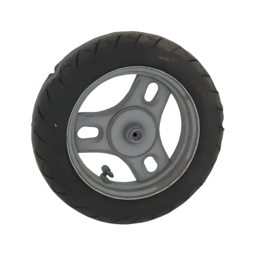 3D model of a scooter wheel with a black tire and a silver multi-spoke rim, set against a black background.