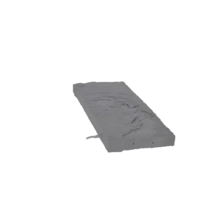 3D-Modell eines rechteckigen Geländeblocks mit strukturierter, unebener Oberfläche, präsentiert in einem neutralen grauen Mat