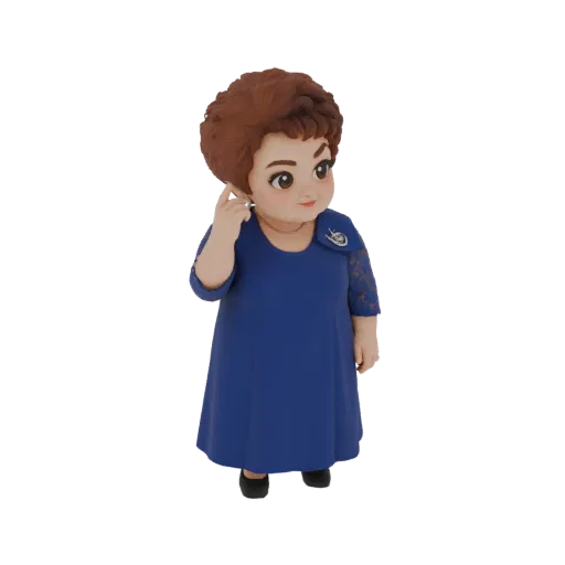 3D model of a chibi woman with brown curly hair, wearing a blue dress and touching her ear, with a curious expression.