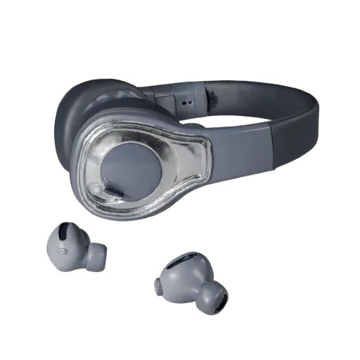 Wireless Earbuds 3D model, three-quarter front view, AR viewer studio render, showing soft ear pads, wearable scale.