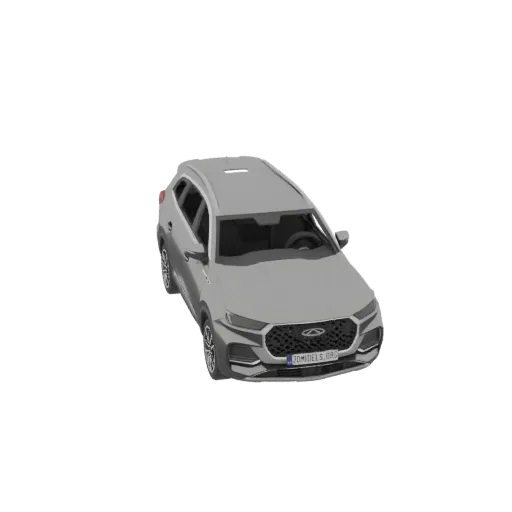 3D-Modell eines silbernen SUVs mit Panoramadach, gesehen aus einem leicht erhöhten vorderen rechten Winkel.