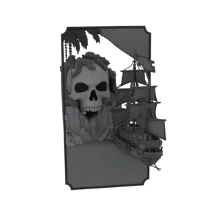 3D model of a pirate skull emerging from a rocky island with a sailing ship in the background, presented in grayscale.