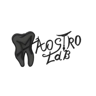 3D-Render des Maestro Lab Logos mit stilisiertem Zahn-Symbol und Markennamen in fließender Schrift, mit dunklem Metallic-Fini