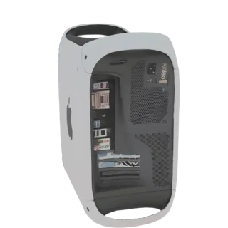 Modèle 3D de l'arrière d'une tour Apple Mac Pro, montrant les ports et la grille de ventilation