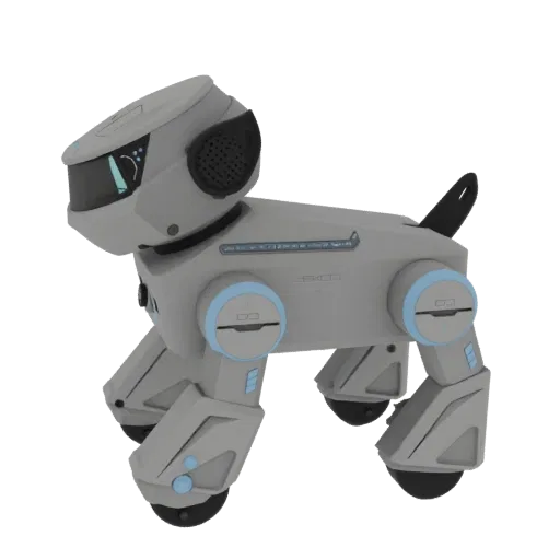 Modello 3D di un cane robotico futuristico con corpo grigio e accenti blu, mostrato di profilo su sfondo nero.