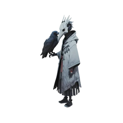3D model of a fantasy character, the Mystic Raven Keeper, wearing a bird skull mask and a hooded robe, with a raven perched o