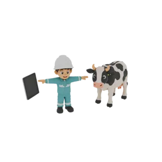 Uma renderização 3D de um engenheiro cartoon em uniforme azul e capacete branco, segurando um tablet, em pé ao lado de uma va