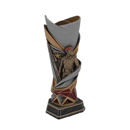 Modèle 3D d'un trophée militaire soldat avec une figurine de soldat détaillée et des éléments sculpturaux abstraits métalliqu