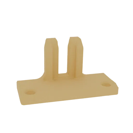 3D-Modell einer beigen industriellen Konsole mit flacher Basis und zwei parallelen Stützstreben, aus leichtem Winkel gezeigt.