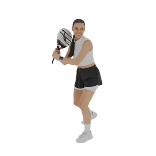 Modelo 3D de mulher em roupa esportiva jogando padel, segurando uma raquete em pose dinâmica.