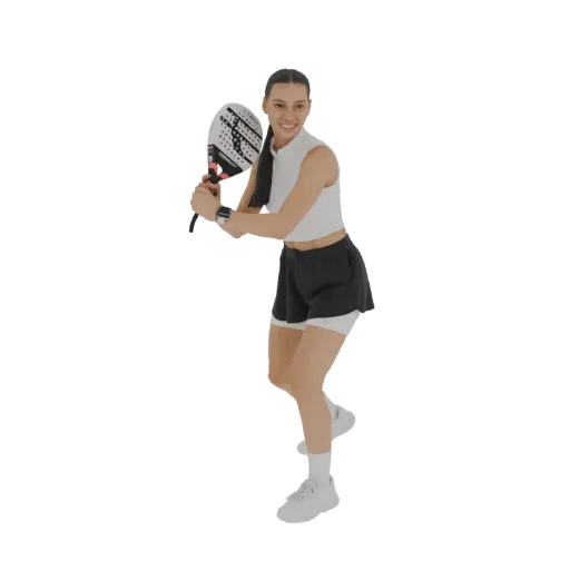 Modelo 3D de mujer con ropa deportiva jugando pádel, sosteniendo una raqueta en pose dinámica.