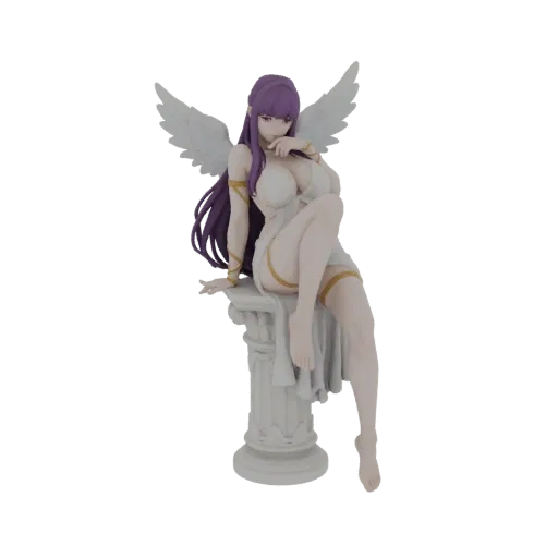 3D model of a beautiful angelic muse with purple hair and white wings, sitting gracefully on a white stone pedestal.