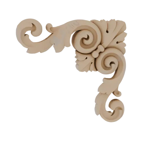 A 3D model render of an ornate corner scrollwork ornament with acanthus leaf motifs, presented on a white background.