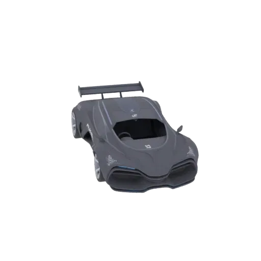 A dark gray futuristic sports car 3D model with a large rear spoiler, viewed from a three-quarter front angle against a white background.