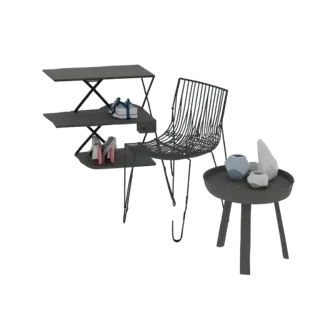 3D render of a black wireframe chair next to a dark gray side table with three abstract geometric vases.