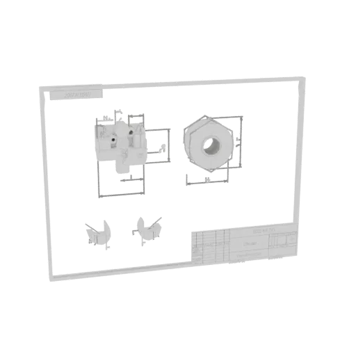3D model preview of a hexagonal nut, showing its hexagonal shape and internal bore, with technical drawings.