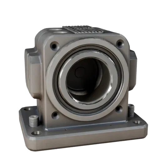 Machined Bearing Block Realistic 3D model, three-quarter studio render, showing machined metal, precise part geometry.