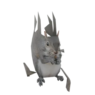 Modèle 3D d'un écureuil gris assis et mangeant une noisette, avec sa queue touffue enroulée.