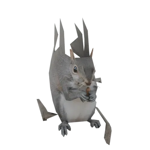 Modèle 3D d'un écureuil gris assis et mangeant une noisette, avec sa queue touffue enroulée.