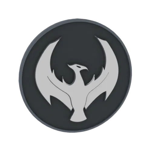 3D model of a stylized silver phoenix emblem with outstretched wings on a dark circular base.