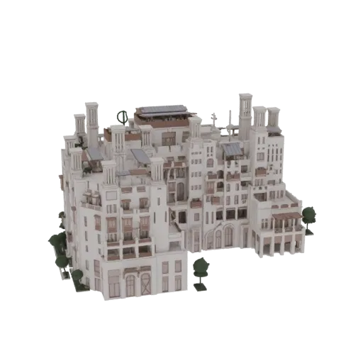 3D model of a traditional Middle Eastern building with windcatchers and balconies, set against a black background.