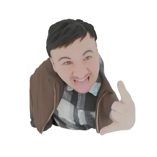 3D model of a man with red eyes sticking his tongue out and making a rock-on hand gesture, wearing a plaid shirt and brown ja