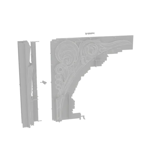3D model of an Art Nouveau architectural bracket with intricate scrollwork and floral motifs, rendered in a light gray materi