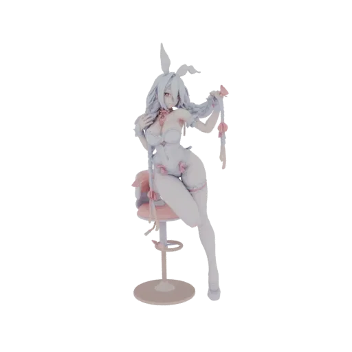 3D model of a bunny girl figure with white hair, wearing a white bunny-themed outfit, sitting on a pink chair.