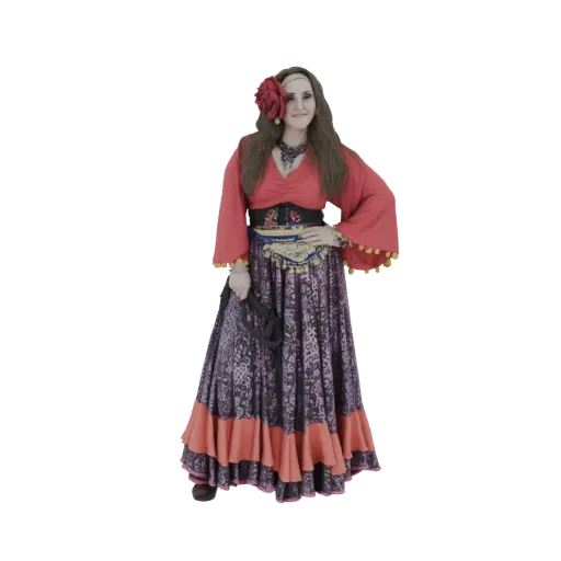 Modelo 3D de una Gitana Adivina con traje colorido, portando un látigo, con cabello castaño largo y accesorio de flor roja.