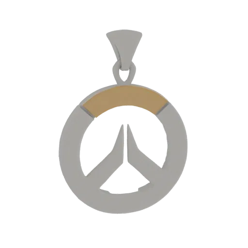 A 3D render of the Overwatch logo designed as a pendant, featuring a silver circular emblem with a gold accent band and a loo