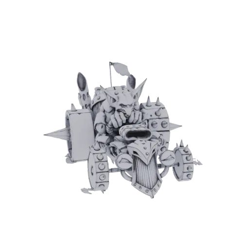 Modello 3D di un goblin che cavalca una macchina da guerra chiodata con espressione feroce e griglia anteriore minacciosa.