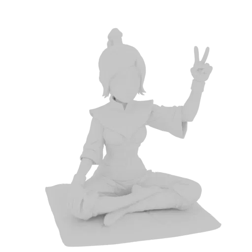 3D model of Avatar Korra meditating, seated cross-legged on a cushion with her hands in a mudra.
