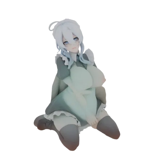 3D model of an anime maid girl with white hair and blue eyes, kneeling in a maid outfit.