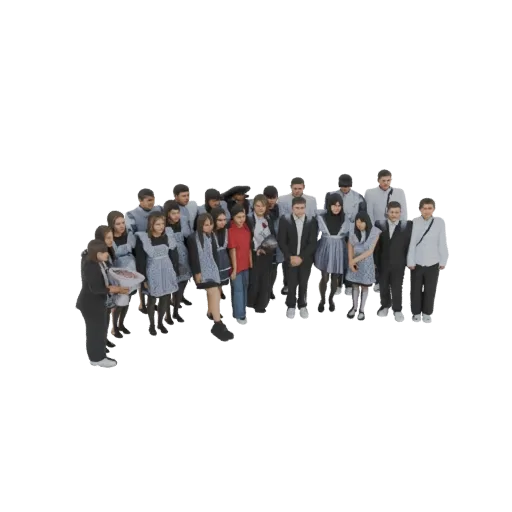 3D model of a diverse group of students in school uniforms standing together.