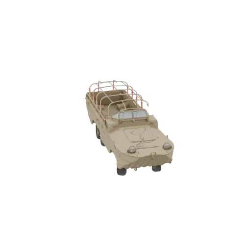 Modello 3D di un camion anfibio tedesco della Seconda Guerra Mondiale color sabbia con struttura in tela piegata, visto da un
