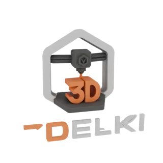 Un rendering 3D di una moderna stampante 3D che crea le lettere '3D' con filamento arancione, con il logo 'DELKI' sottostante