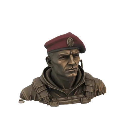 Modèle 3D d'un buste en bronze d'un militaire portant un béret rouge et un gilet tactique, sur fond noir.