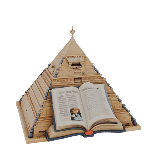 Modèle 3D de pyramide égyptienne avec un livre ouvert sur le sommet, rendu dans des tons sableux avec des accents bleus.