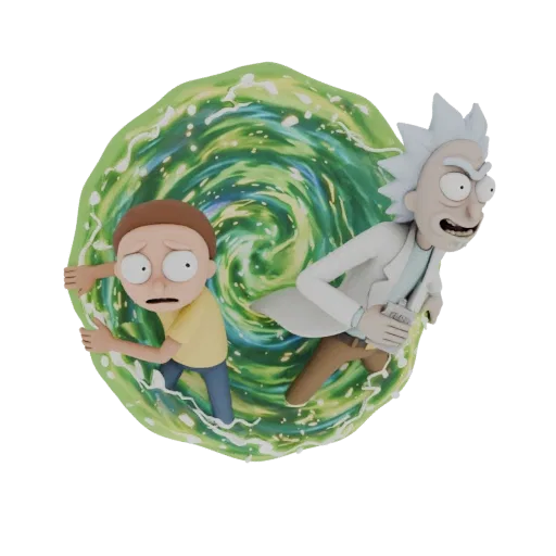 3D model of Rick and Morty bursting through a swirling green and blue interdimensional portal.