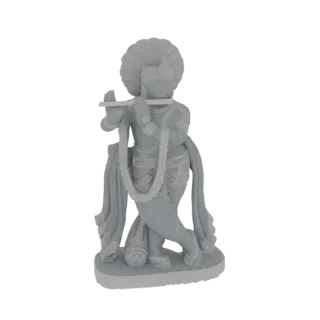 3D model of Lord Krishna standing in a graceful pose, playing a flute, with a halo and garland.