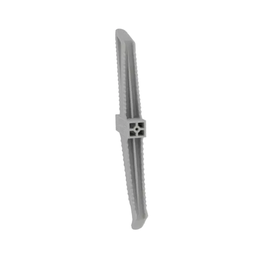 3D model of a gray connector with a central square hole and ribbed edges, presented against a black background.