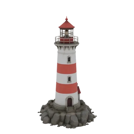 3D model of a red and white striped lighthouse on a rocky base, with a lantern room at the top.
