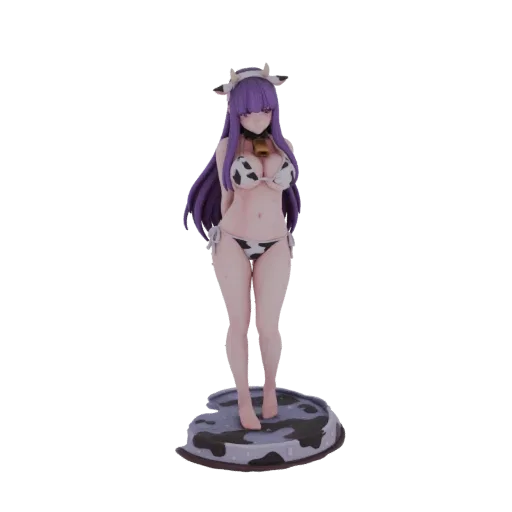 3D model of an anime cowgirl figure wearing a cow-print bikini, with purple hair and a bell collar, standing on a milk-themed
